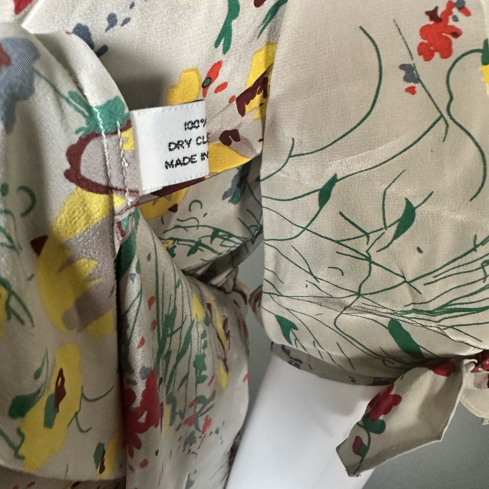 Baraschi 100% Silk Dress Floral Tie-Front Dress Gray Mini S - Picture 2 of 10